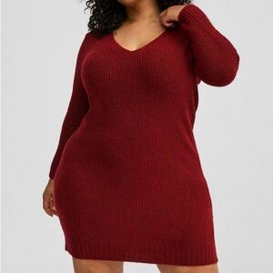 Torrid Vegan Cashmere Sweater Mini Dress Rhubarb Red‎ V-Neck Ribbed Knit 2